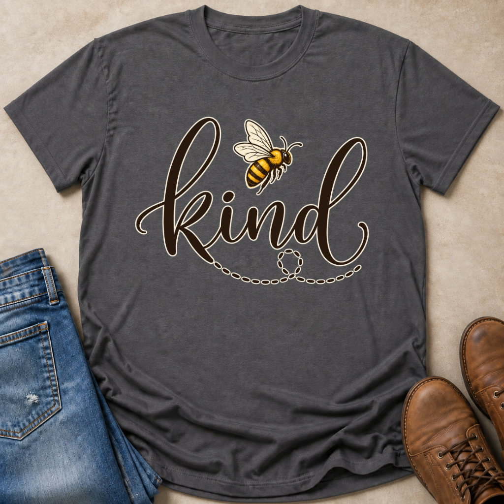 A dark charcoal gray t-shirt laid flat on a beige surface, featuring a graphic of a yellow and black bee above the word 'kind' in brown script with a chain detail. Blue jeans and brown boots are styled around the shirt.