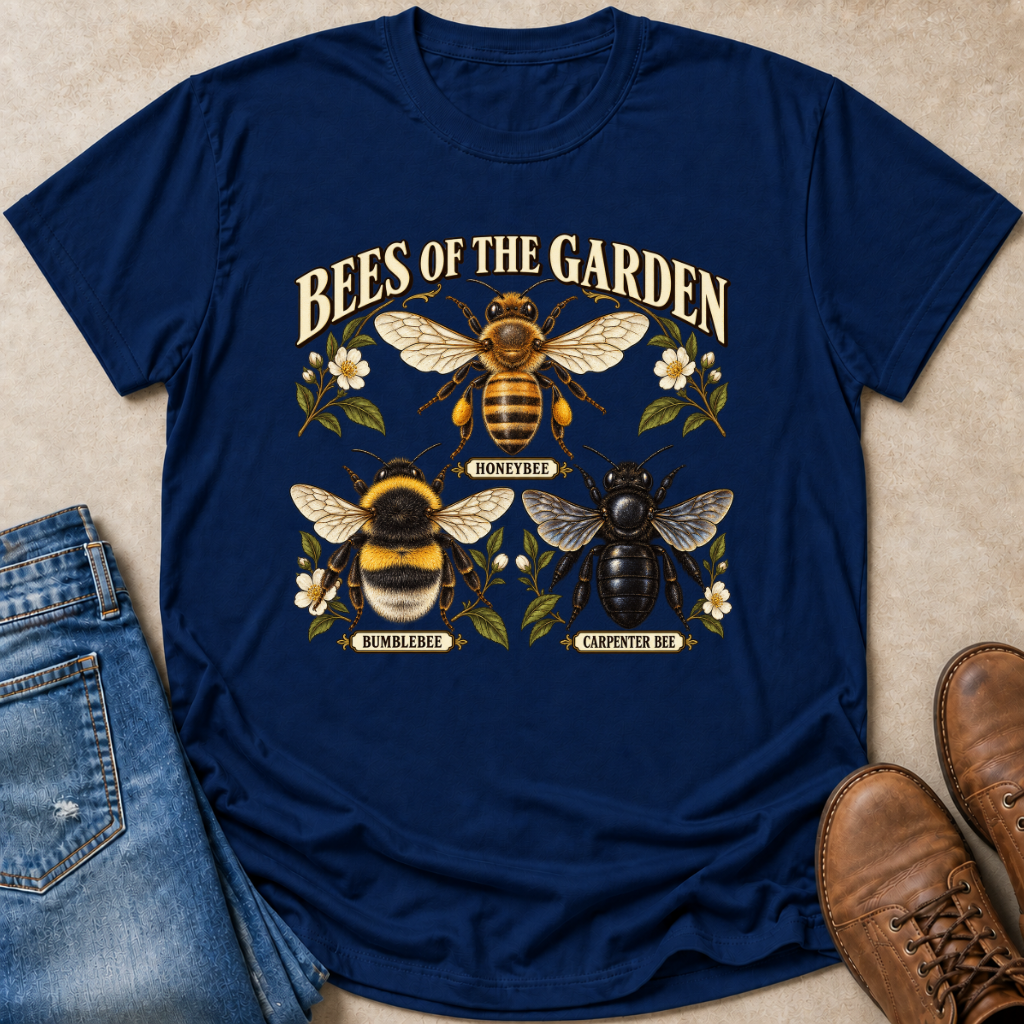 A navy blue graphic t-shirt featuring illustrations of three bees (honeybee, bumblebee, carpenter bee) and the text 'BEES OF THE GARDEN'. The shirt is styled in a flat-lay arrangement on a beige surface alongside blue jeans and brown leather boots.