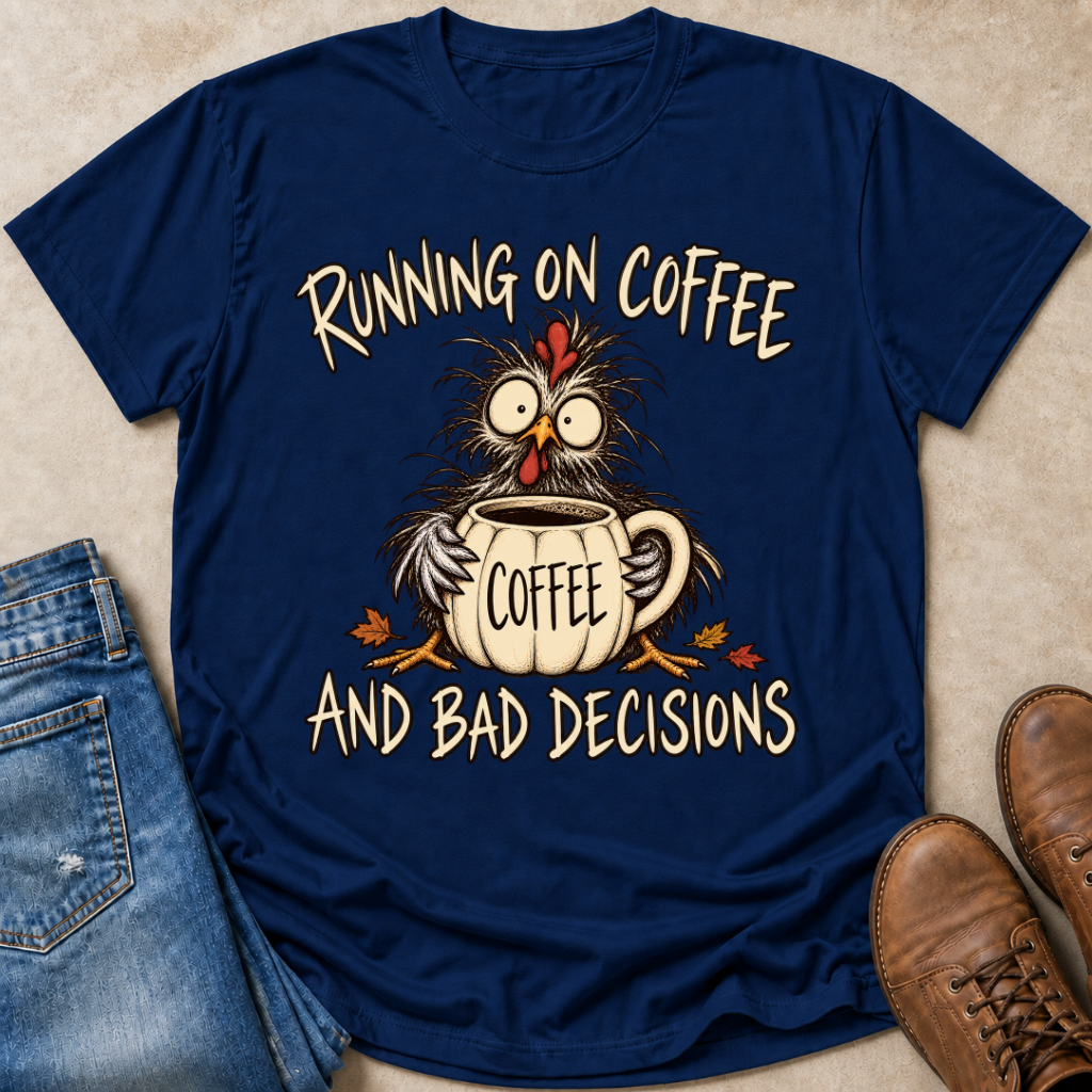 A navy blue graphic t-shirt laid flat on a beige surface, styled with blue jeans and brown leather shoes. The t-shirt features a cartoon chicken holding a pumpkin shaped coffee mug with the text 'RUNNING ON COFFEE AND BAD DECISIONS'.