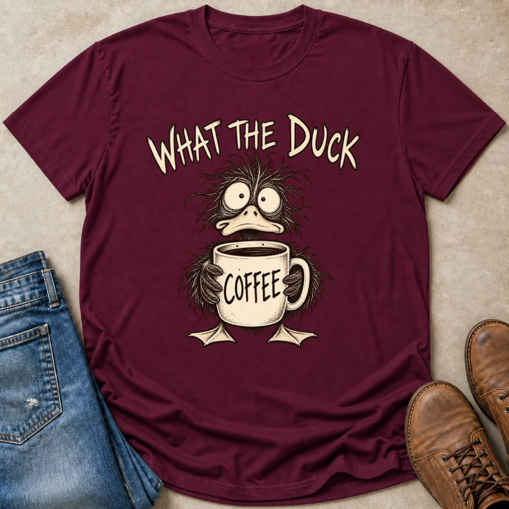 A maroon short-sleeve graphic T-shirt laid flat on a beige surface, styled with blue jeans, brown boots, and a pair of sunglasses. The shirt features a cartoon duck holding a coffee mug with the text 'WHAT THE DUCK' above and 'COFFEE' on the mug.
