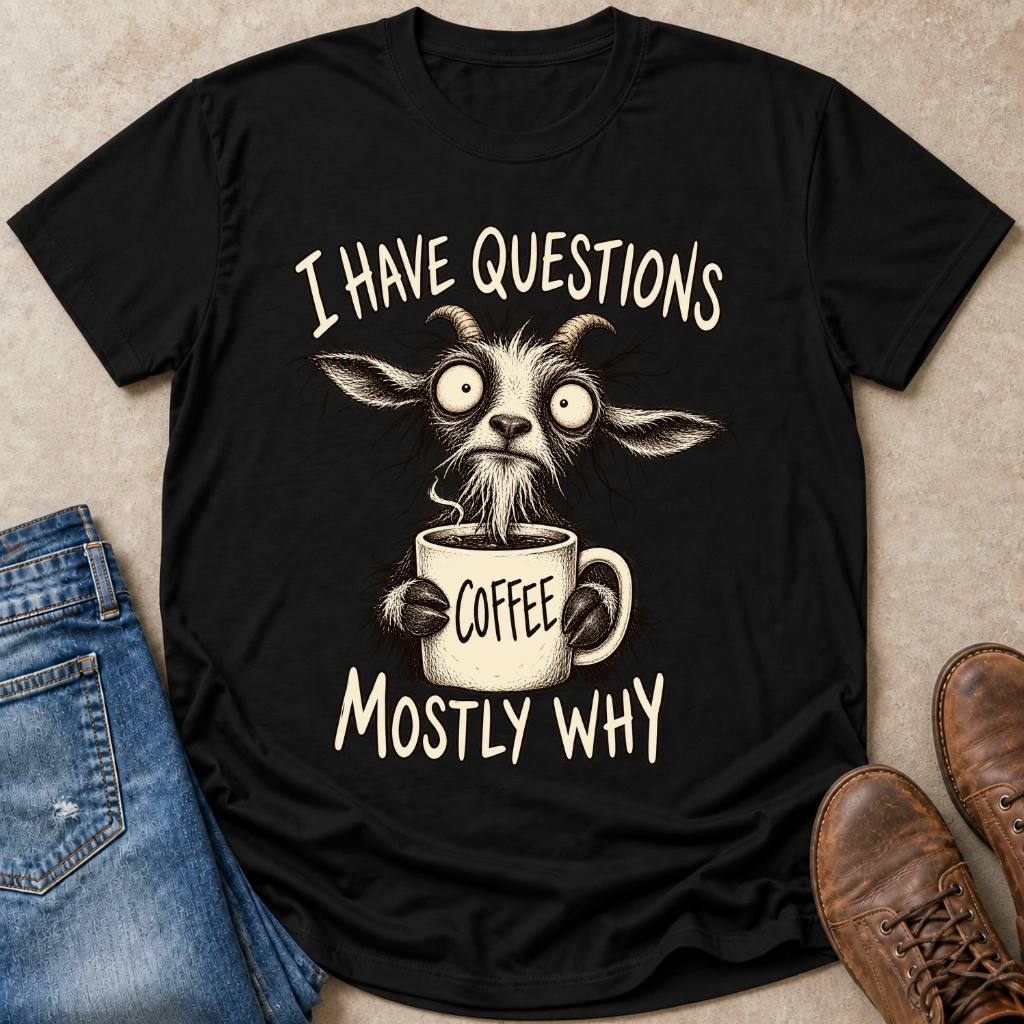 A black graphic t-shirt laid flat on a beige textured surface, styled with blue jeans on the left and brown leather shoes on the right. The t-shirt features a cartoon goat holding a coffee mug with the text 'I HAVE QUESTIONS COFFEE MOSTLY WHY'.