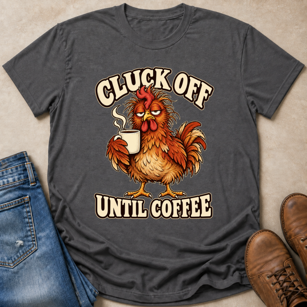 A dark gray graphic t-shirt laid flat on a beige surface, styled with blue jeans on the left and brown leather shoes on the right. The t-shirt features a cartoon illustration of a brown rooster holding a white coffee mug, with the text 'CLUCK OFF UNTIL COFFEE' in a beige arched font.