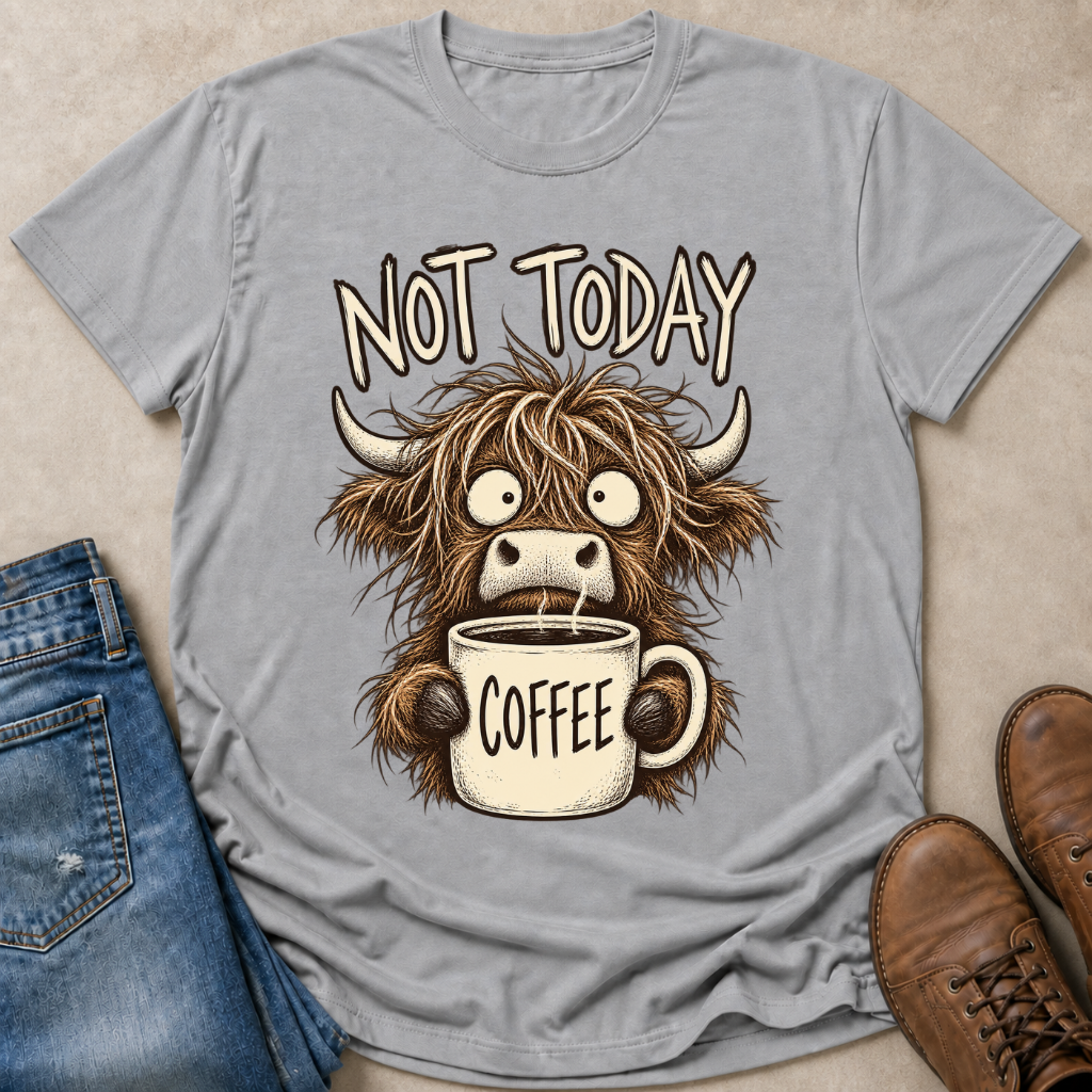 A light gray graphic t-shirt laid flat on a beige surface, styled with blue jeans on the left and brown leather shoes on the right. The t-shirt features a cartoon illustration of a shaggy Highland cow holding a mug with the word 'COFFEE' and the text 'NOT TODAY' above it.