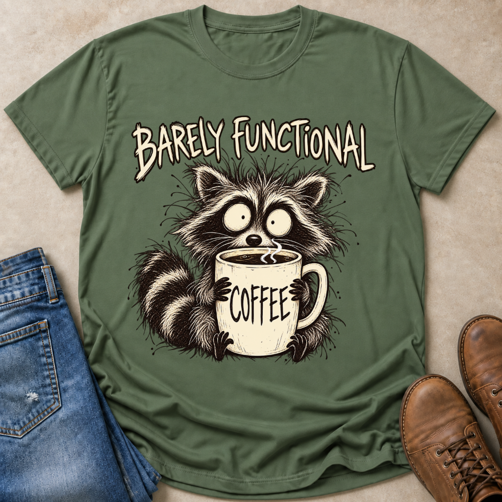 An olive green graphic t-shirt laid flat on a beige textured surface, styled with blue jeans on the left and brown leather shoes on the right. The t-shirt features a cartoon raccoon holding a coffee mug with the text 'BARELY FUNCTIONAL' above it.