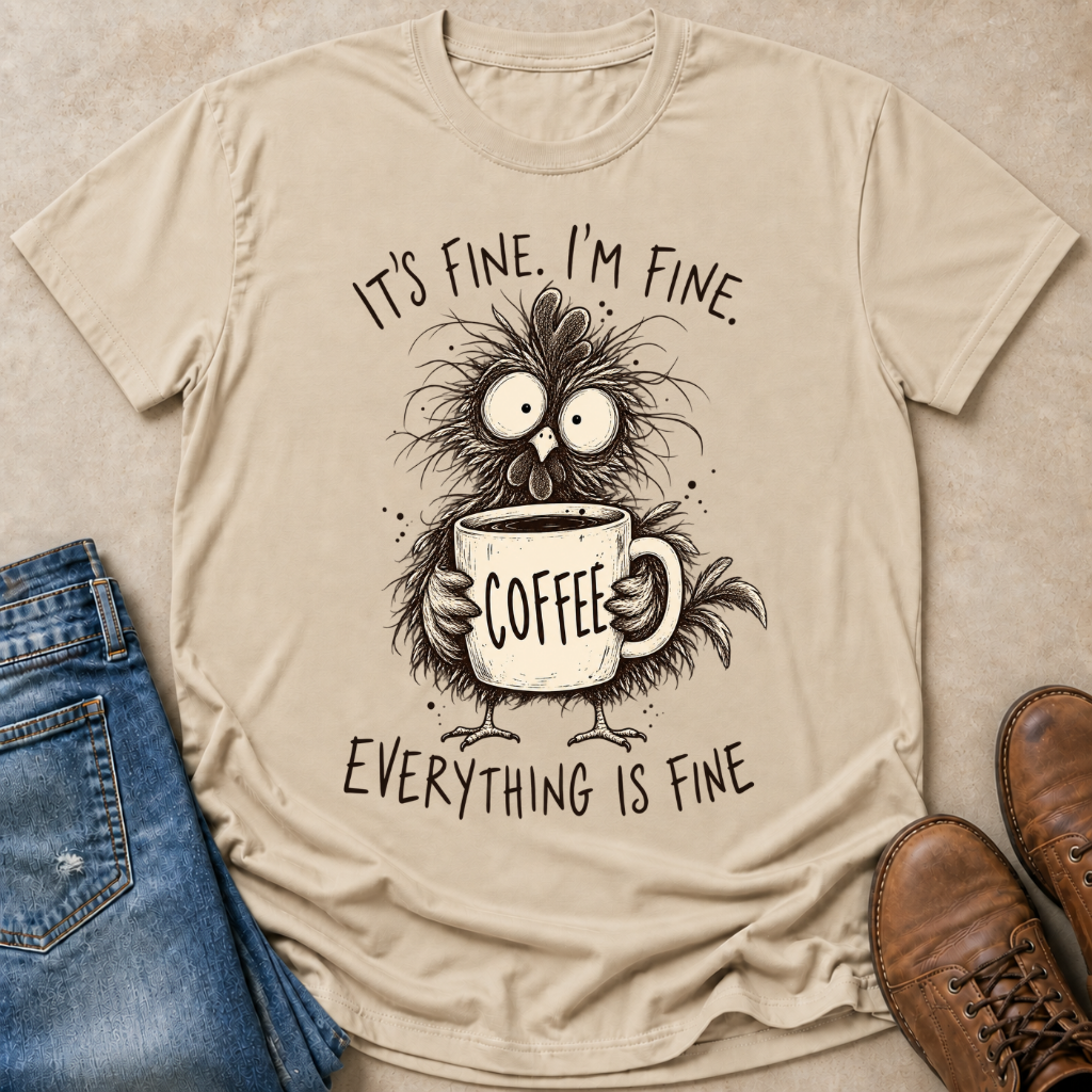 A beige graphic t-shirt featuring a cartoon chicken holding a coffee mug with the text 'IT'S FINE. I'M FINE. EVERYTHING IS FINE'