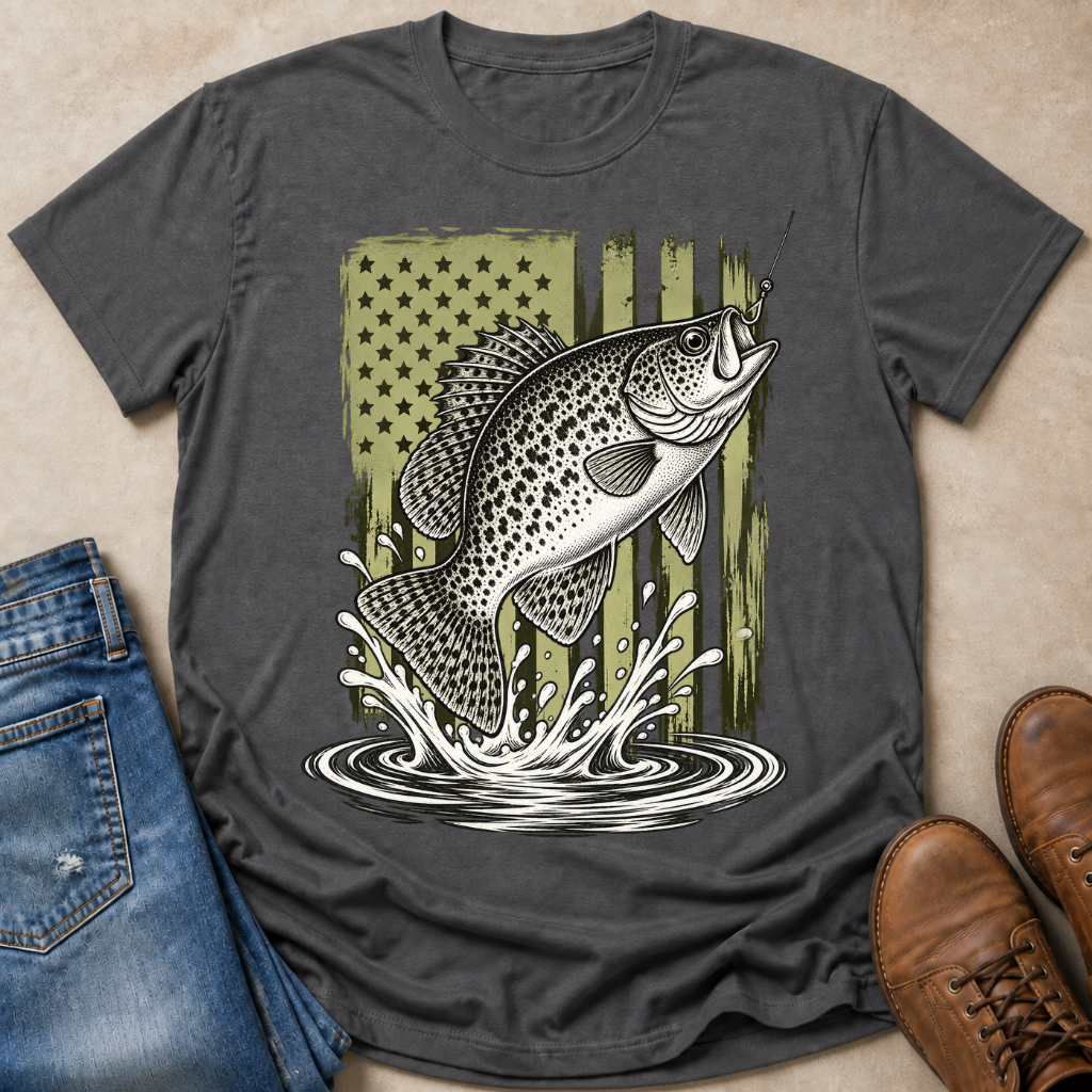 A dark gray graphic t-shirt laid flat on a beige surface, styled with blue jeans on the left and brown boots on the right. The t-shirt features a graphic of a jumping black crappie fish in front of a distressed olive green American flag.