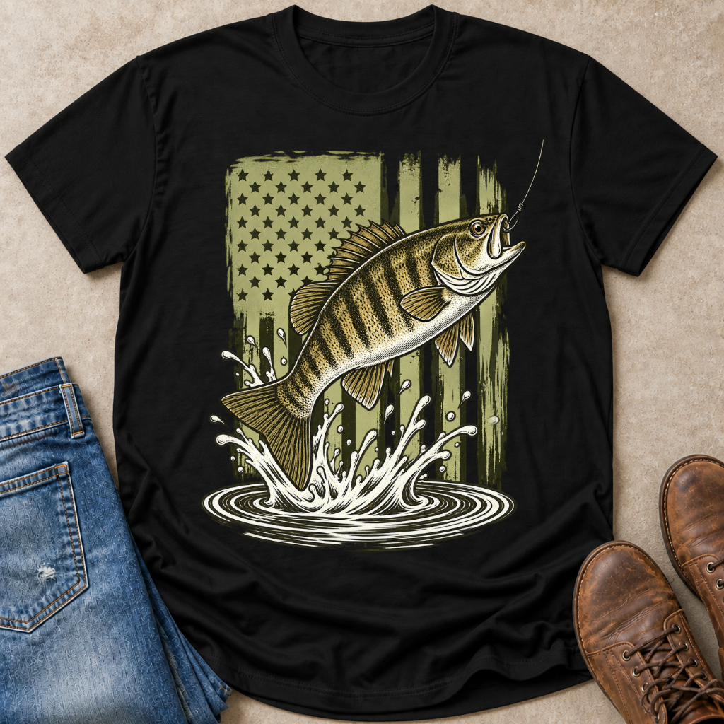 A black short-sleeve graphic T-shirt laid flat on a beige surface, styled with blue jeans on the left and brown boots on the right. The shirt features a large front print of a jumping smallmouth bass fish in front of a distressed olive-green American flag and water splash graphic.