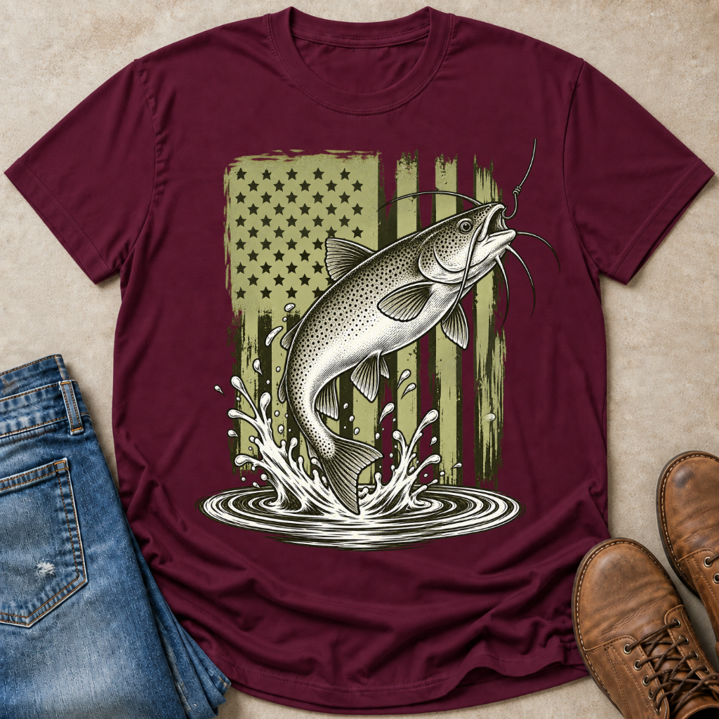 A maroon short-sleeve t-shirt with a graphic of a jumping channel catfish in front of a distressed American flag, styled in a flat lay with blue jeans and brown boots on a beige background.