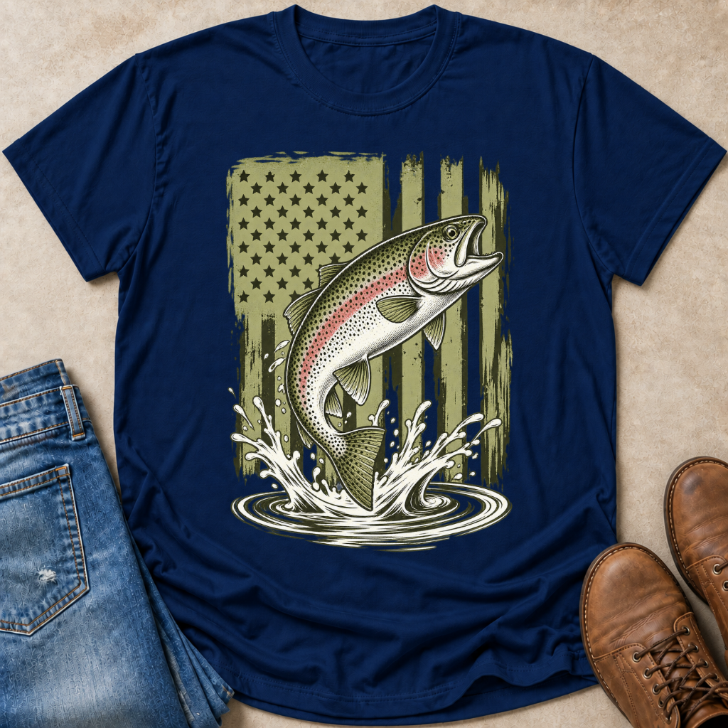 A navy blue graphic t-shirt laid flat on a beige surface, styled with blue jeans on the left and brown leather boots on the right. The t-shirt features a graphic of a jumping rainbow trout in front of a distressed olive green American flag and water splash.