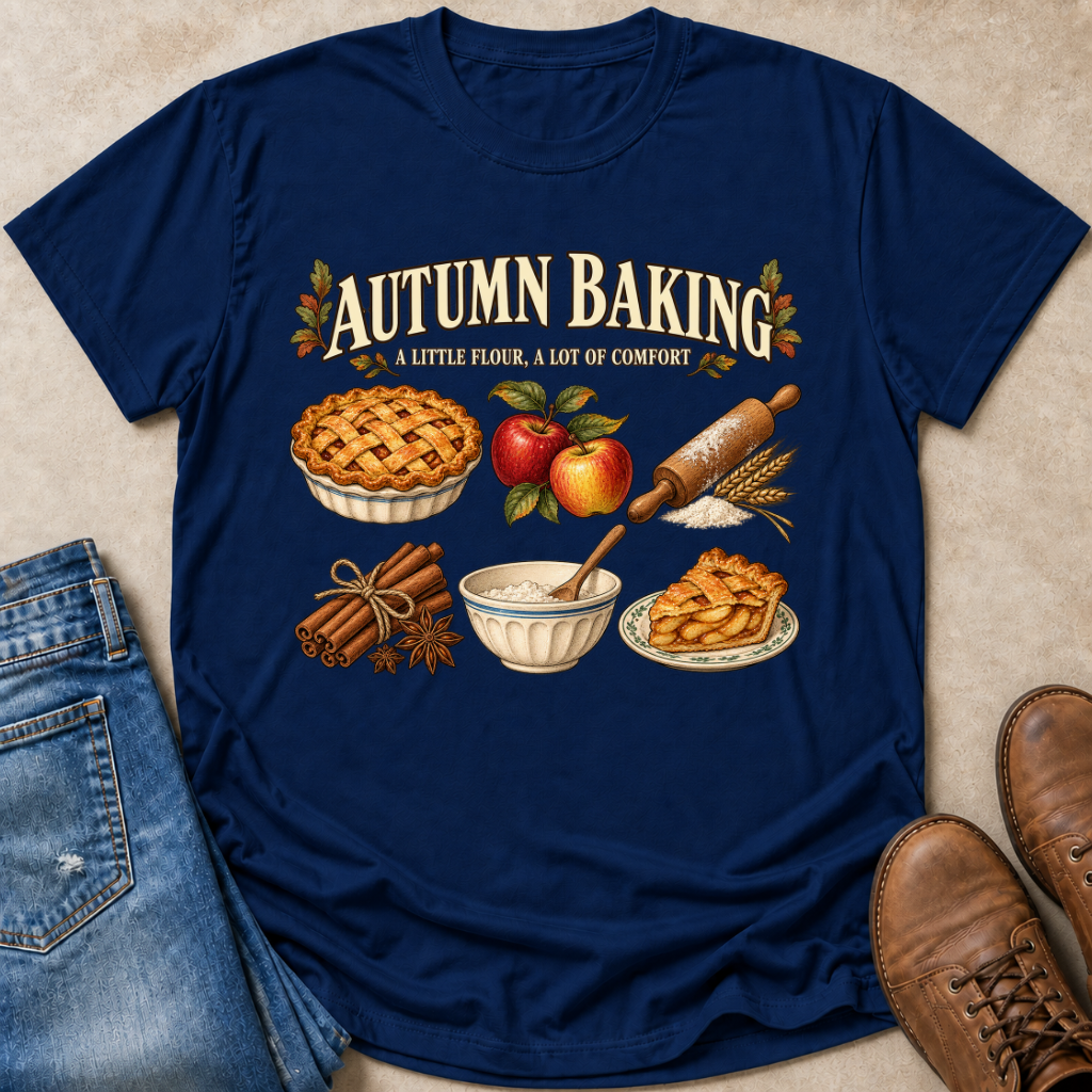 A navy blue graphic t-shirt laid flat on a beige textured surface, styled with blue jeans on the left and brown leather boots on the right. The t-shirt features a 'Autumn Baking' graphic with illustrations of a lattice pie, red apples, a rolling pin, cinnamon sticks, and a bowl of batter.