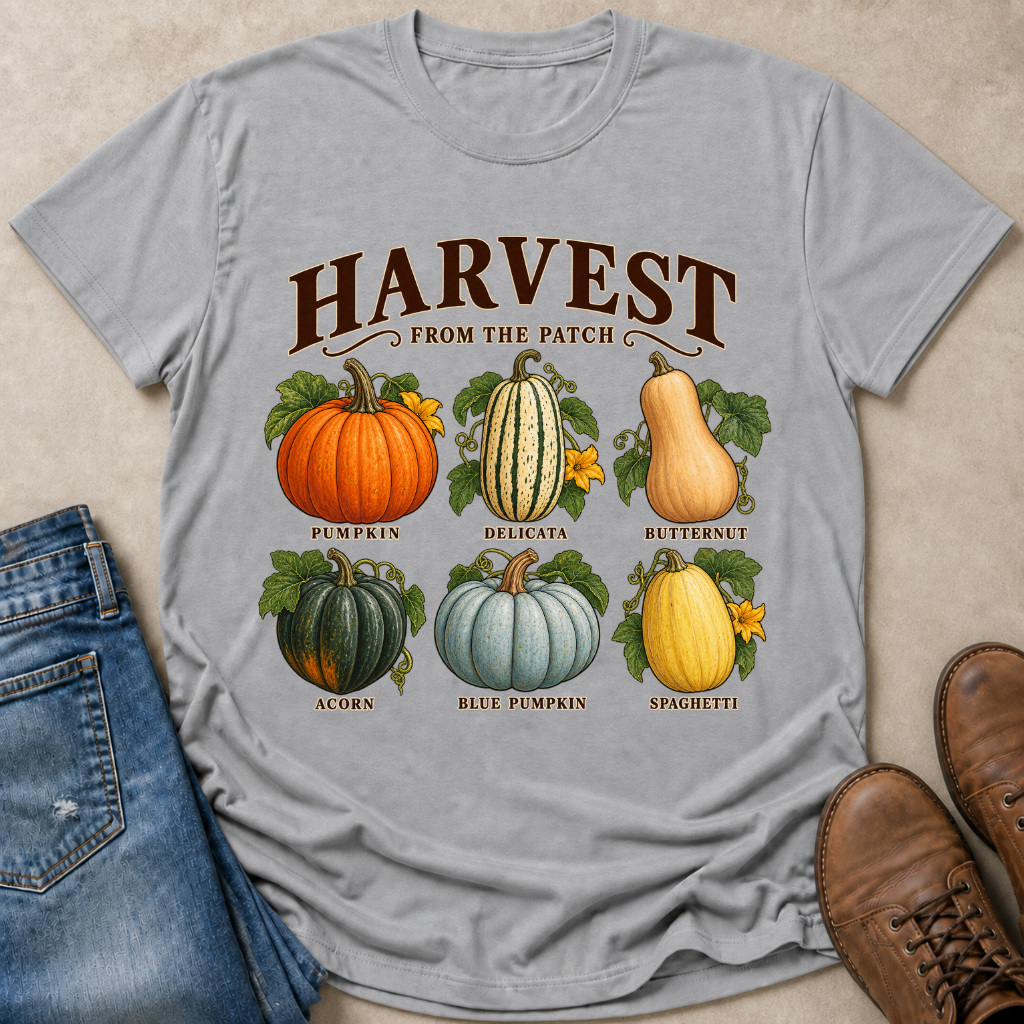 A light gray graphic T-shirt laid flat on a beige surface, styled with blue jeans on the left and brown shoes on the right. The shirt features a large autumn harvest print with illustrated pumpkins and squash and the words “HARVEST FROM THE PATCH.