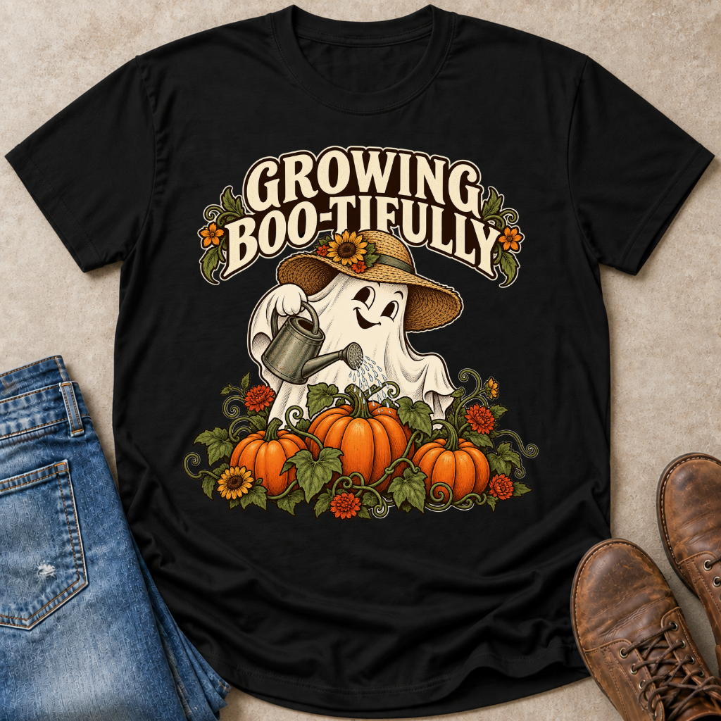 A black graphic t-shirt laid flat on a beige textured surface, styled with blue jeans and brown shoes. The t-shirt features a graphic of a white ghost wearing a straw hat and watering orange pumpkins with the text 'GROWING BOO-TIFULY'.