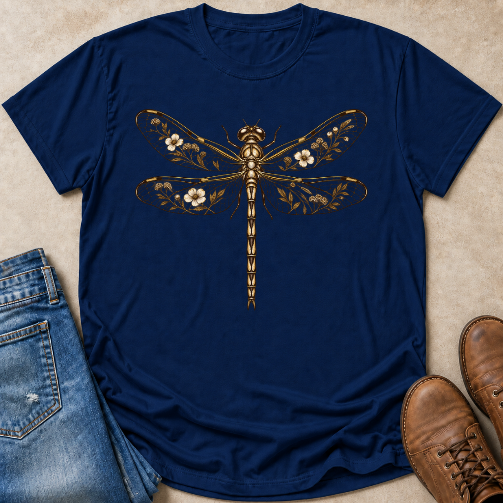 A navy blue short-sleeve t-shirt with a detailed gold dragonfly with floral wings graphic on the chest, styled in a flat lay with blue jeans and brown leather boots on a beige textured background.