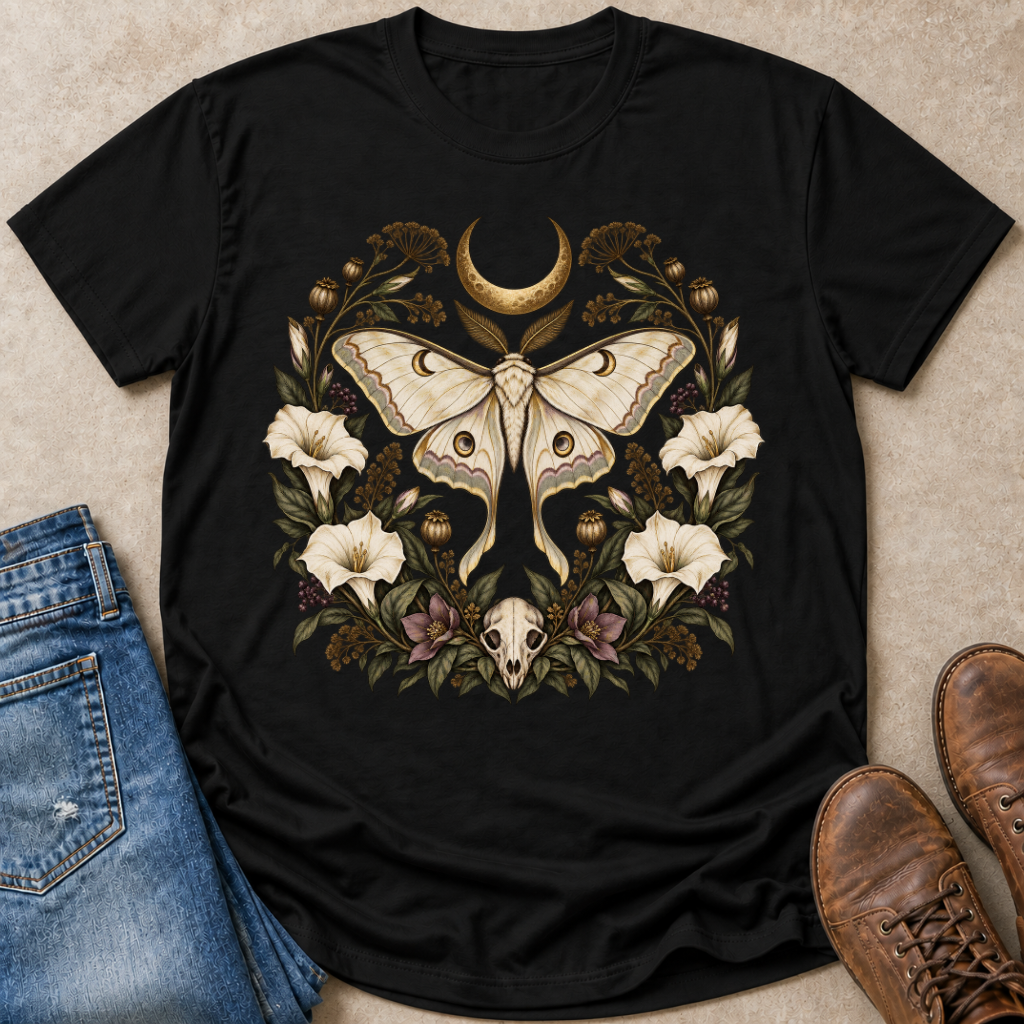 A black short-sleeve graphic T-shirt laid flat on a beige textured surface, styled with blue jeans on the left and brown boots on the right. The shirt features a large central illustration of a pale moth surrounded by white flowers, green leaves, a crescent moon, and a skull.