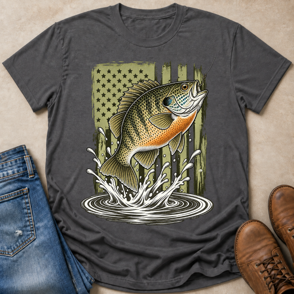 A dark gray graphic t-shirt laid flat on a beige surface, styled with blue jeans on the left and brown leather boots on the right. The t-shirt features a graphic of a bluegill fish jumping in front of a distressed olive green American flag with white ripples of water at the bottom.