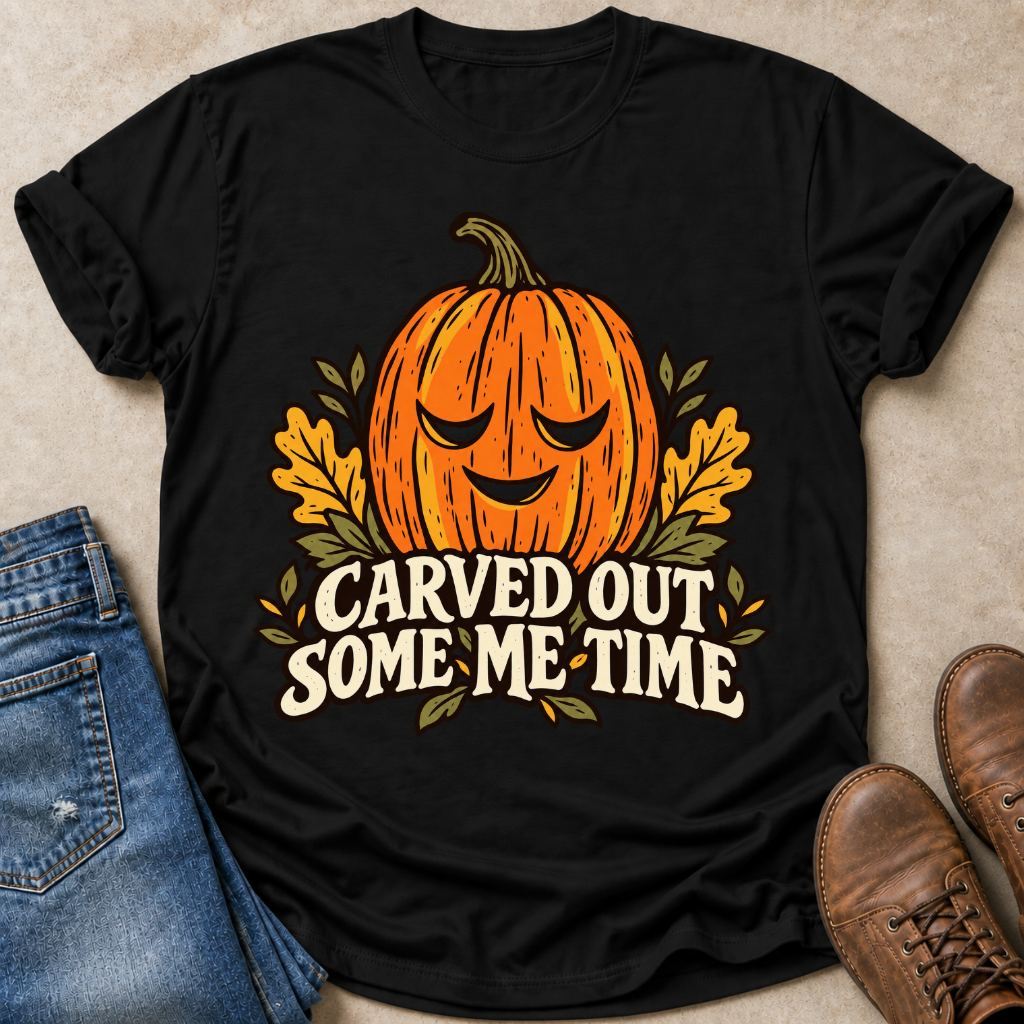 A black short-sleeve graphic T-shirt laid flat on a beige surface, styled with blue jeans and brown shoes. The shirt features a large orange jack-o'-lantern with a carved face, yellow leaves, and the phrase 'CARVED OUT SOME ME TIME' in white lettering.