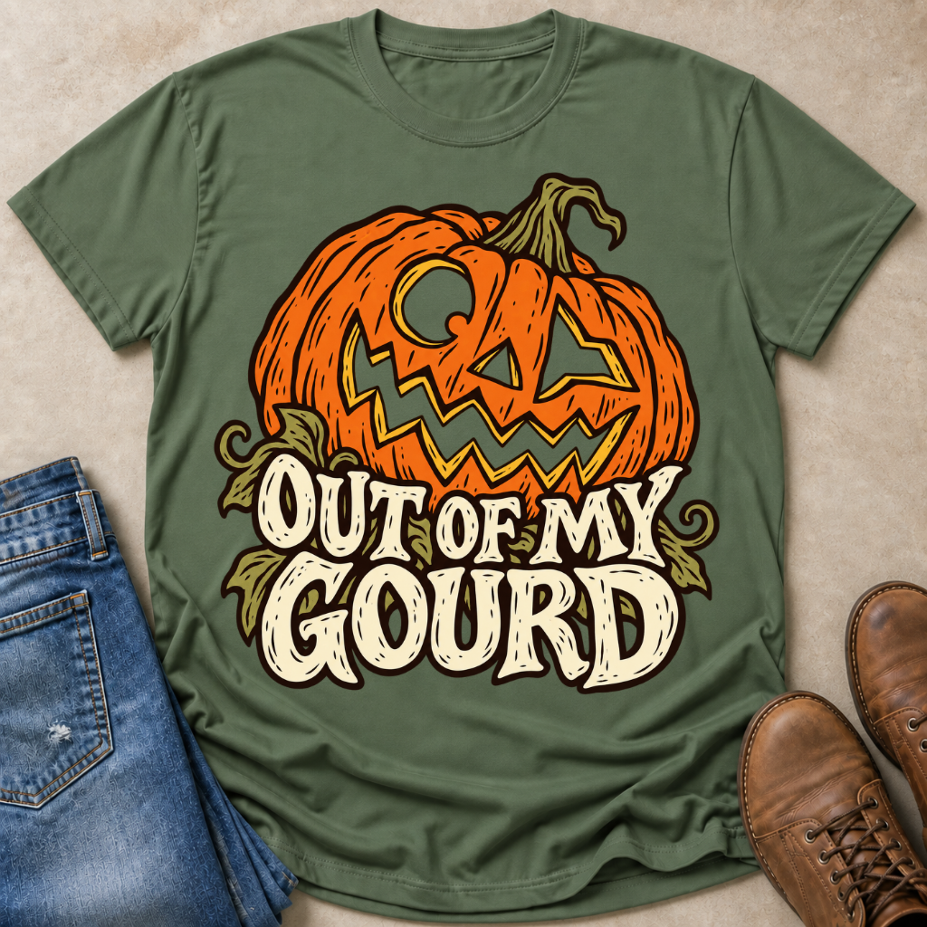 An olive green graphic t-shirt featuring a carved orange pumpkin and the text 'OUT OF MY GOURD' in a rustic cream font, styled in a flat-lay with blue jeans and brown boots on a beige background.