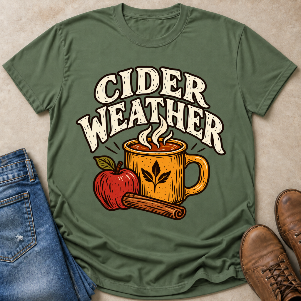 An olive green graphic t-shirt laid flat on a beige textured surface, styled with blue jeans, a cinnamon stick, an apple, and brown boots. The t-shirt features a graphic that reads 'CIDER WEATHER' in white arched letters above an illustration of a steaming mug, an apple, and a cinnamon stick.
