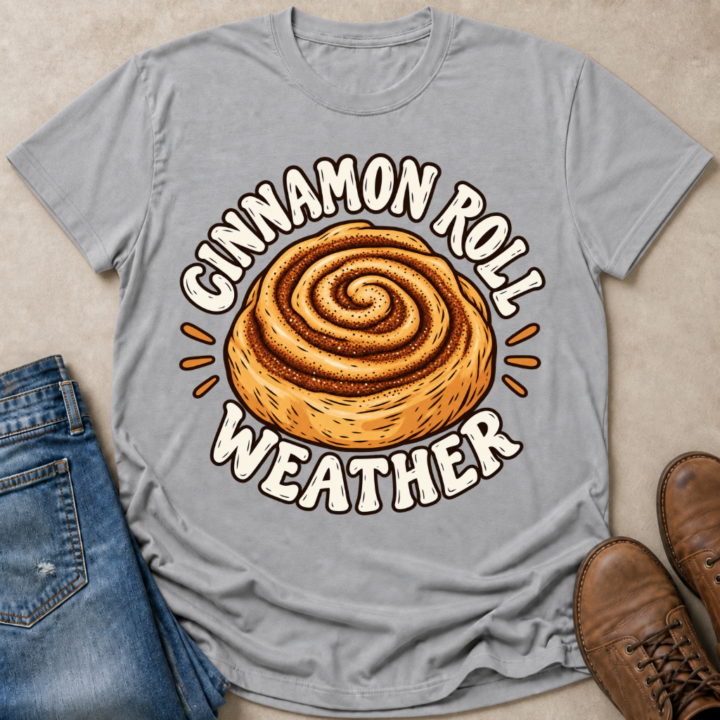 A light gray graphic t-shirt featuring a cinnamon roll illustration and the text 'CINNAMON ROLL WEATHER' in white with black outlines. The shirt is styled in a flat-lay arrangement on a beige textured surface, accompanied by blue jeans and brown leather shoes.