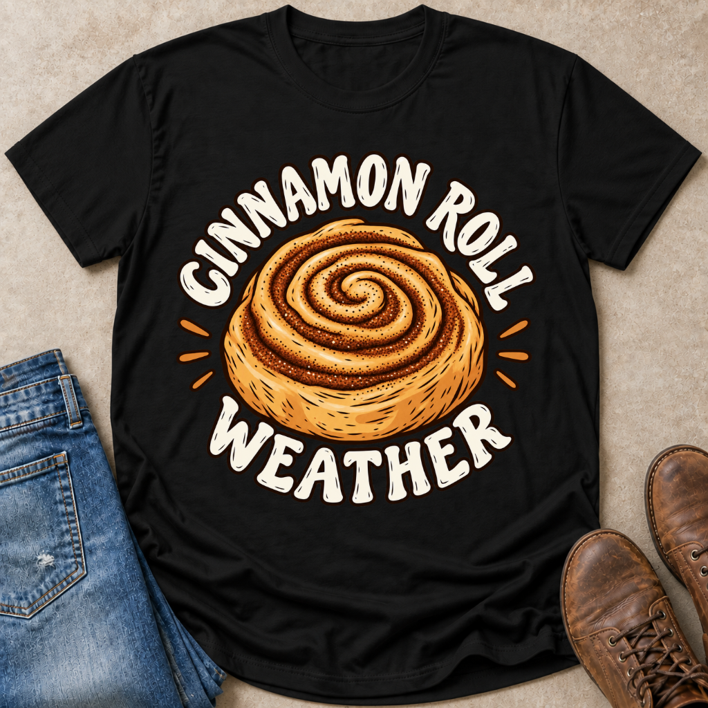 A black short-sleeve graphic T-shirt laid flat on a beige surface, styled with blue jeans on the left and brown boots on the right. The shirt features a large cinnamon roll illustration with the words “GINNEMON ROLL WEATHER” in white curved text.