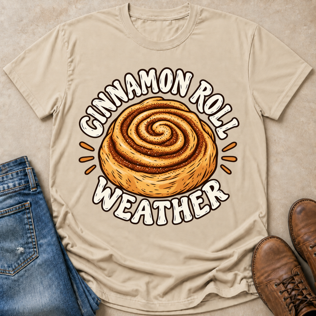 A beige graphic t-shirt laid flat on a textured beige surface, styled with blue jeans on the left and brown leather shoes on the right. The t-shirt features a large graphic of a cinnamon roll with the text 'CINNAMON ROLL WEATHER' in white with black outlines.