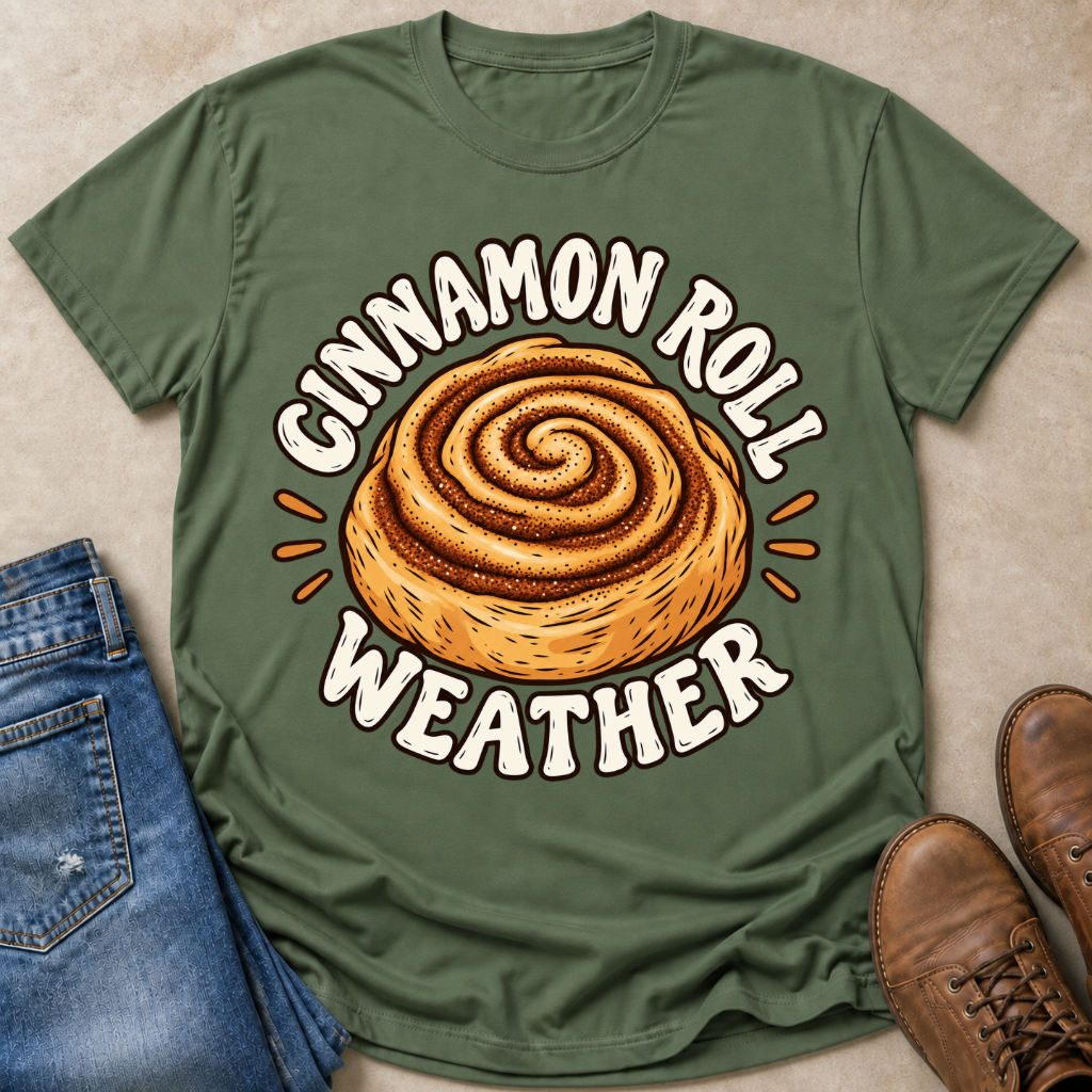An olive green graphic t-shirt laid flat on a beige textured surface, styled with blue jeans on the left and brown boots on the right. The t-shirt features a large graphic of a cinnamon roll with the text 'CINNAMON ROLL WEATHER' in white arched letters.
