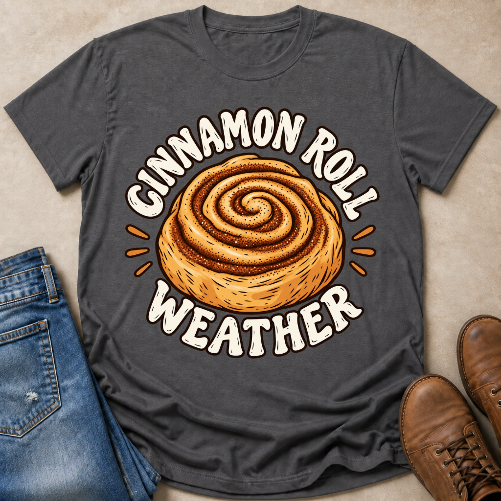 A dark charcoal gray graphic t-shirt laid flat on a beige surface, styled with blue jeans on the left and brown boots on the right. The t-shirt features a large graphic of a cinnamon roll with the text 'CINNAMON ROLL WEATHER' in white arched lettering.
