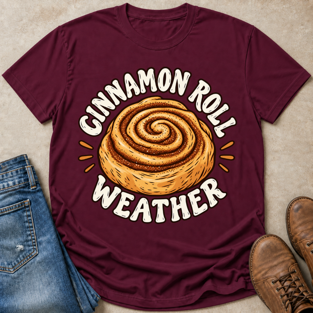 A maroon short-sleeve graphic T-shirt laid flat on a beige textured surface, styled with blue jeans on the left and brown boots on the right. The shirt features a large cinnamon roll illustration and the words “CINNAMON ROLL WEATHER” in white.