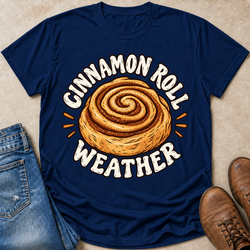 A navy blue graphic t-shirt laid flat on a beige surface, styled with blue jeans on the left and brown boots on the right. The t-shirt features a large graphic of a cinnamon roll with the text 'CINNAMON ROLL WEATHER' in white arched above and below.