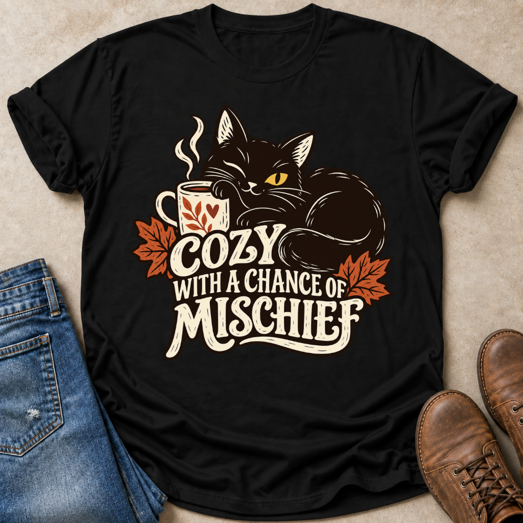 A black short-sleeve graphic T-shirt laid flat on a beige surface, styled with blue jeans and brown boots. The shirt features a large front print of a black cat curled up beside a mug with the text 'COZY WITH A CHANCE OF MISCHIEF' in cream and orange autumn leaves.
