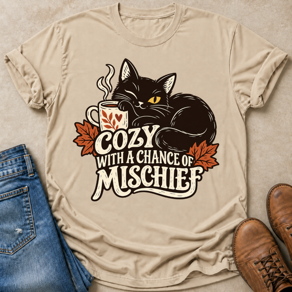 A beige graphic t-shirt laid flat on a textured beige surface, styled with blue jeans on the left and brown boots on the right. The t-shirt features a graphic of a black cat curled up next to a mug with autumn leaves and the text 'COZY WITH A CHANCE OF MISCHIEF'.