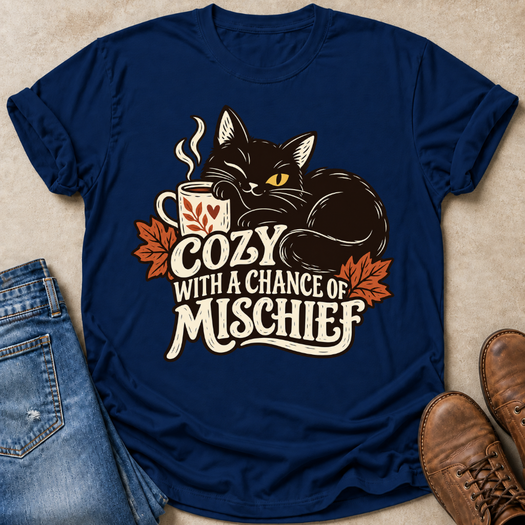 A navy blue graphic t-shirt laid flat on a beige textured surface, styled with blue jeans on the left and brown boots on the right. The t-shirt features a graphic of a black cat with yellow eyes resting on a mug, surrounded by orange autumn leaves and the text 'COZY WITH A CHANCE OF MISCHIEF' in cream and white.