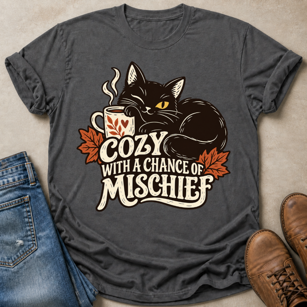 A dark gray graphic t-shirt laid flat on a beige surface, styled with blue jeans and brown boots. The t-shirt features a graphic of a black cat with yellow eyes sleeping next to a steaming mug, surrounded by orange autumn leaves and the text 'COZY WITH A CHANCE OF MISCHIEF'.