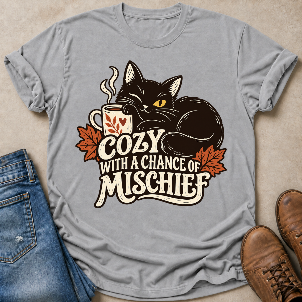 A light gray short-sleeve t-shirt laid flat on a beige surface, featuring a graphic of a black cat curled up with a mug and the text 'COZY WITH A CHANCE OF MISCHIEF' in cream and orange lettering. Blue jeans and brown shoes are styled around the shirt.