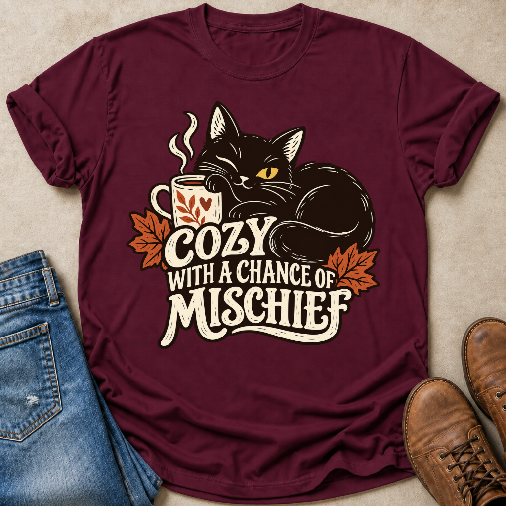 A maroon short-sleeve graphic T-shirt laid flat on a beige surface, styled with blue jeans, brown shoes, and autumn leaves. The shirt features a black cat curled up beside a mug with the text 'COZY WITH A CHANCE OF MISCHIEF' in cream and orange accents.