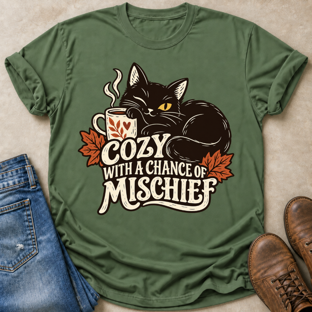 An olive green short-sleeve t-shirt with a graphic of a black cat next to a mug and the text 'COZY WITH A CHANCE OF MISCHIEF' in cream and orange. The shirt is styled in a flat-lay with blue jeans and brown leather shoes on a beige textured background.