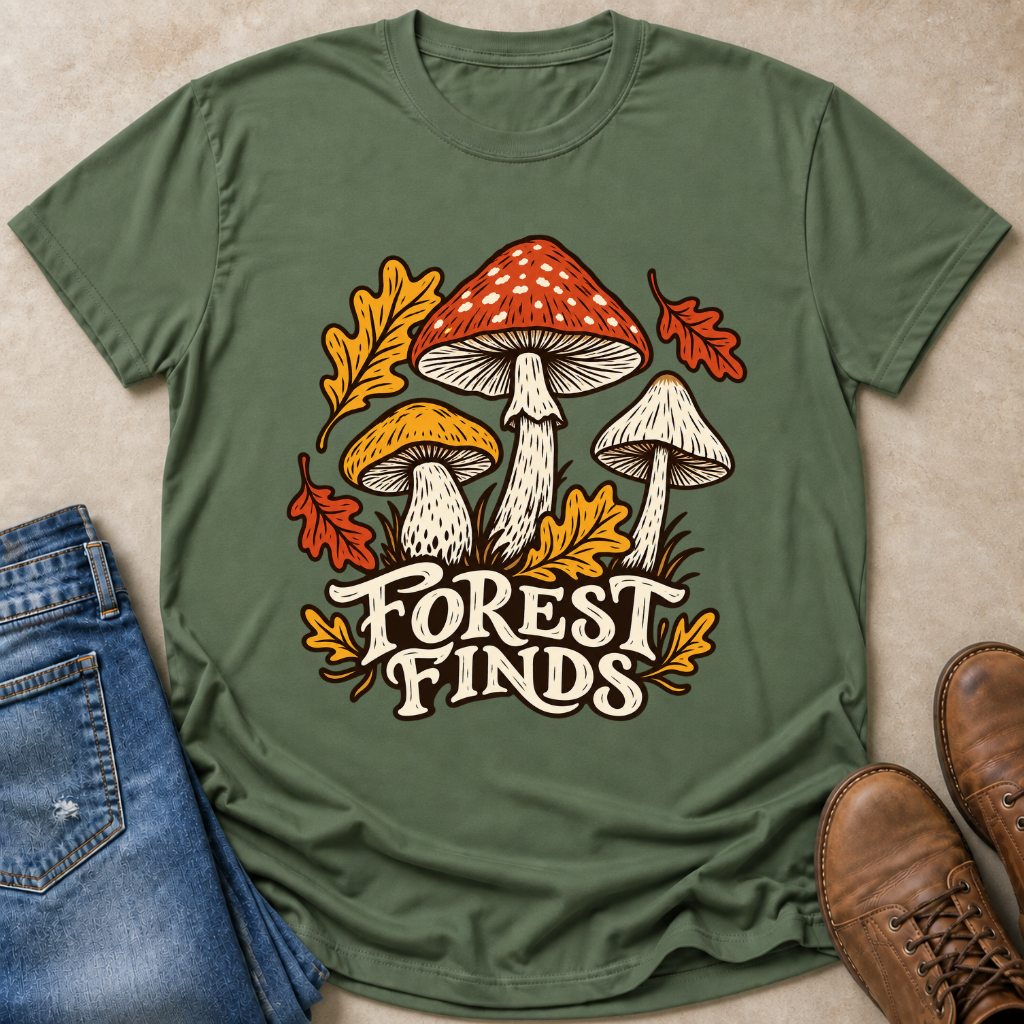 An olive green graphic t-shirt laid flat on a beige textured surface, styled with blue jeans, brown boots, and a forest-themed mushroom print that reads 'FOREST FINDS'.