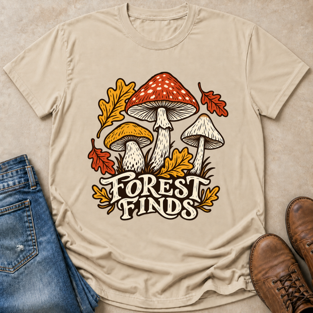 A beige graphic t-shirt featuring three illustrated mushrooms, autumn leaves, and the text 'FOREST FINDS'. The shirt is styled in a flat-lay arrangement with blue jeans on the left and brown leather boots on the right, set against a textured beige background.
