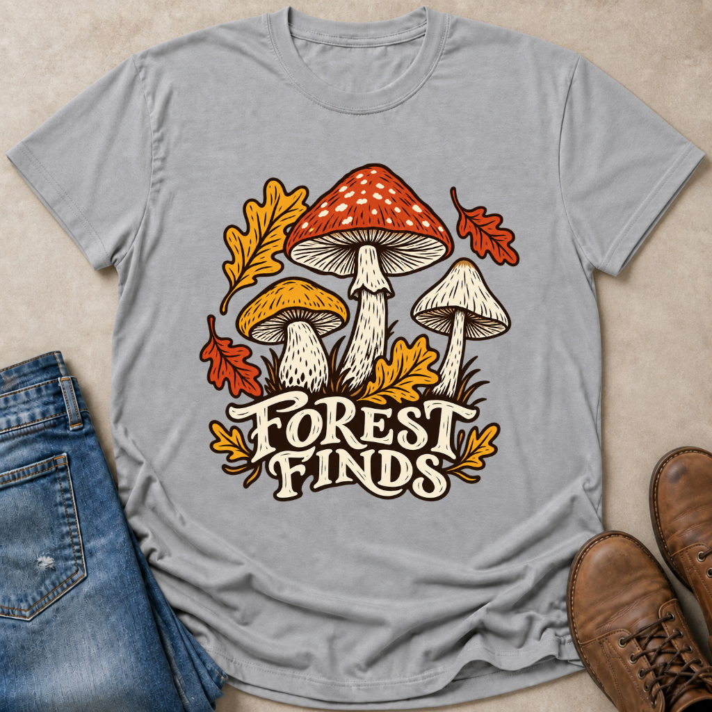 A light gray graphic t-shirt featuring a colorful design of three mushrooms, autumn leaves, and the text 'FOREST FINDS'. The shirt is styled in a flat-lay arrangement with blue jeans on the left and brown leather boots on the right, set against a neutral beige background.
