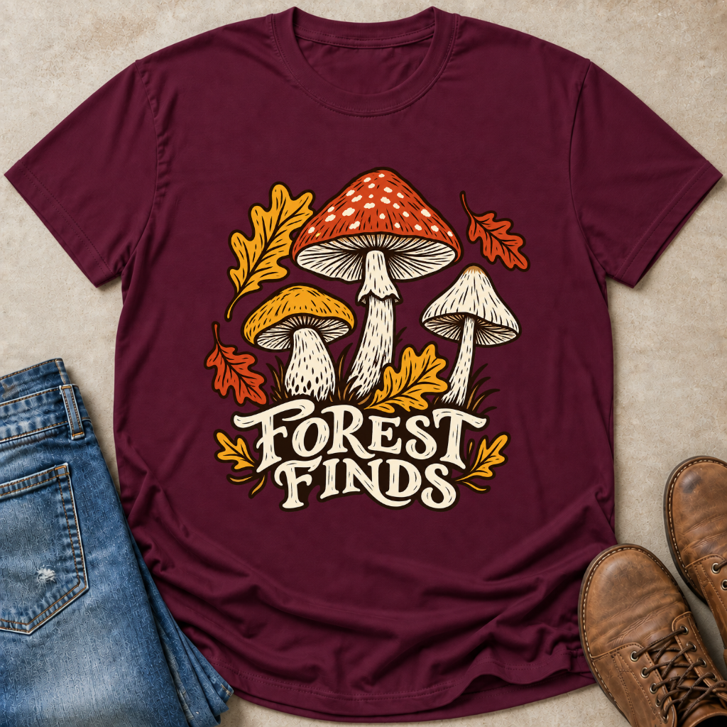 A maroon short-sleeve graphic T-shirt laid flat on a beige textured surface, styled with blue jeans on the left and brown boots on the right. The shirt features a large mushroom illustration and the words 'FOREST FINDS' in white with a small red accent.