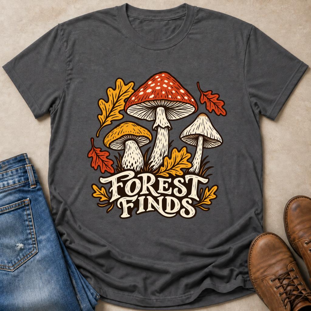 A dark gray graphic t-shirt laid flat on a beige surface, styled with blue jeans on the left and brown boots on the right. The t-shirt features a graphic of three mushrooms and autumn leaves with the text 'FOREST FINDS'.
