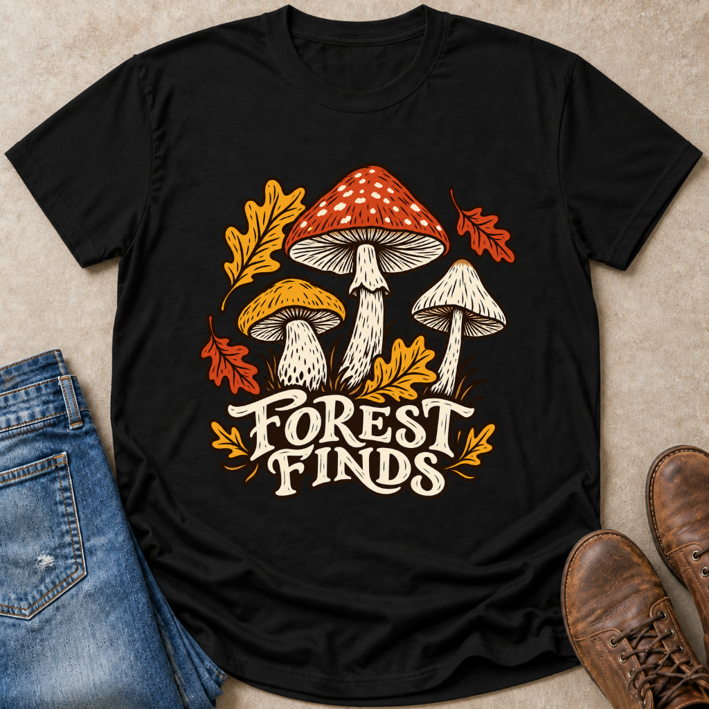 A black short-sleeve graphic T-shirt laid flat on a beige surface, styled with blue jeans, brown boots, and autumn leaves around it. The shirt features a mushroom illustration and the words “FOREST FINDS” in white lettering.