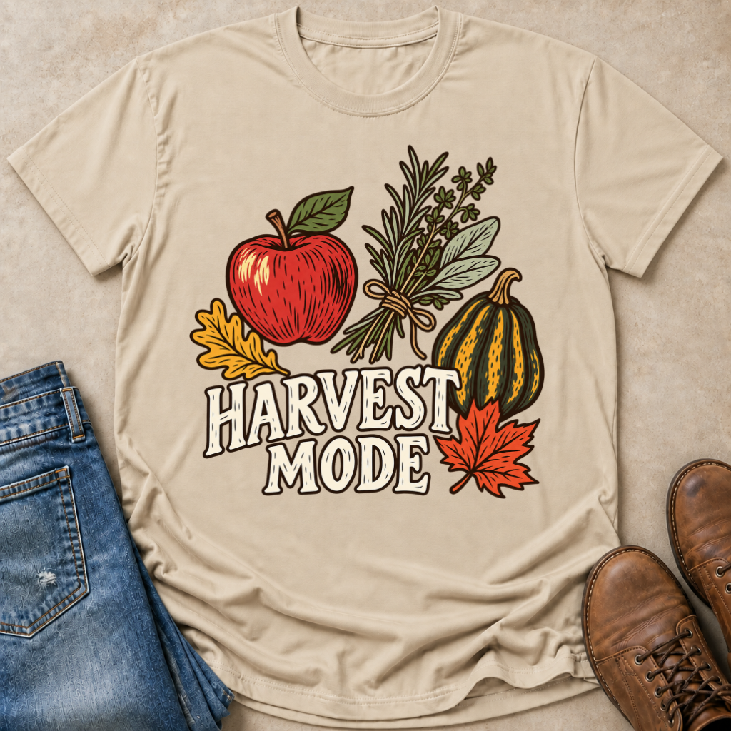A beige graphic t-shirt laid flat on a textured beige surface, styled with blue jeans on the left and brown leather shoes on the right. The t-shirt features a 'Harvest Mode' autumn graphic with an apple, herbs, a gourd, and fall leaves.