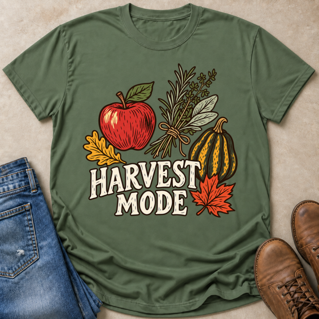 An olive green graphic t-shirt laid flat on a beige textured surface, styled with blue jeans on the left and brown boots on the right. The t-shirt features a 'Harvest Mode' autumn graphic with a red apple, a yellow and black striped gourd, a bundle of herbs, and fall leaves.
