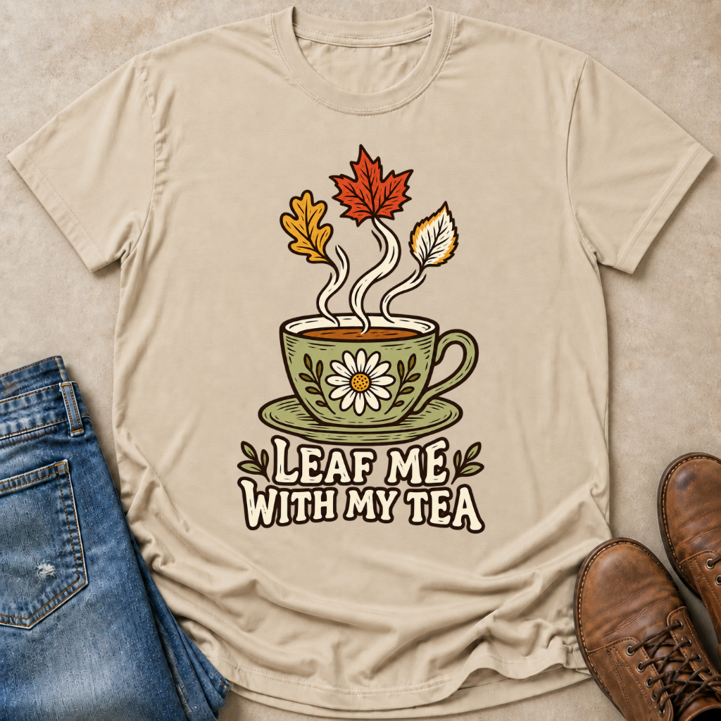 A beige graphic t-shirt laid flat on a textured beige surface, styled with blue jeans on the left and brown leather shoes on the right. The t-shirt features a graphic of a green teacup with a daisy, steam, and three autumn leaves (red, orange, yellow) rising from it, above the text 'LEAF ME WITH MY TEA'.