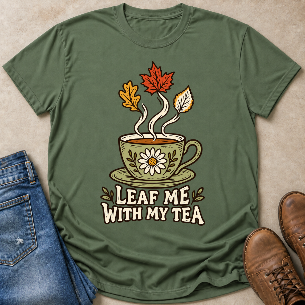 An olive green graphic t-shirt laid flat on a beige textured surface, styled with blue jeans on the left and brown leather shoes on the right. The t-shirt features a graphic of a steaming cup of tea with autumn leaves and the text 'LEAF ME WITH MY TEA'.