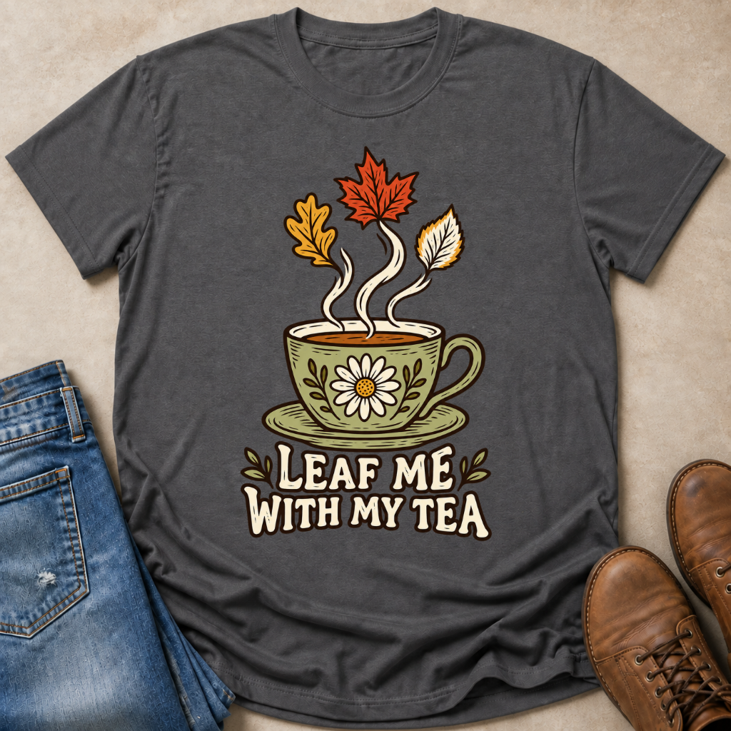 A dark gray graphic t-shirt laid flat on a beige surface, styled with blue jeans and brown leather shoes. The t-shirt features a graphic of a green teacup with a daisy flower, steam, and autumn leaves (red, orange, yellow) above the text 'LEAF ME WITH MY TEA'.