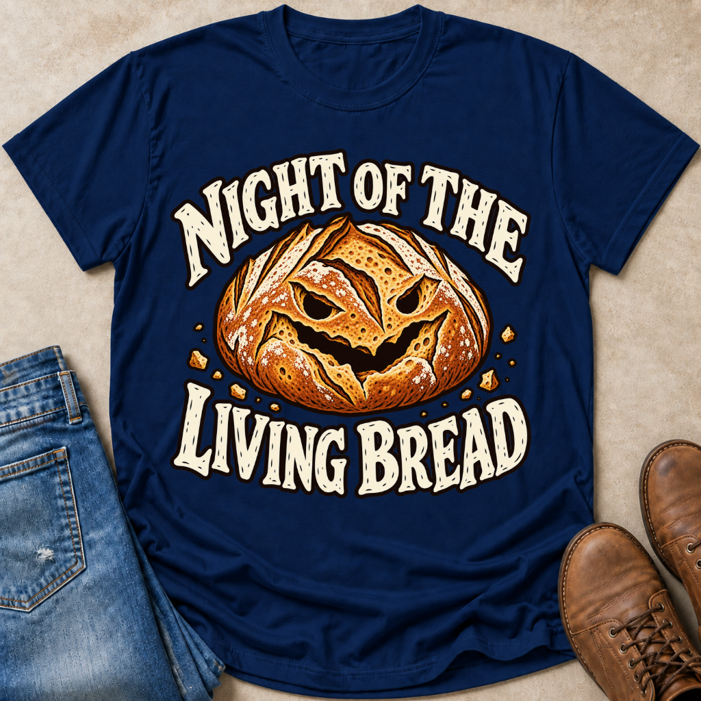 A navy blue graphic t-shirt laid flat on a beige surface, styled with blue jeans on the left and brown boots on the right. The t-shirt features a graphic of a carved, pumpkin-like loaf of bread with the text 'NIGHT OF THE LIVING BREAD' in white arched lettering.