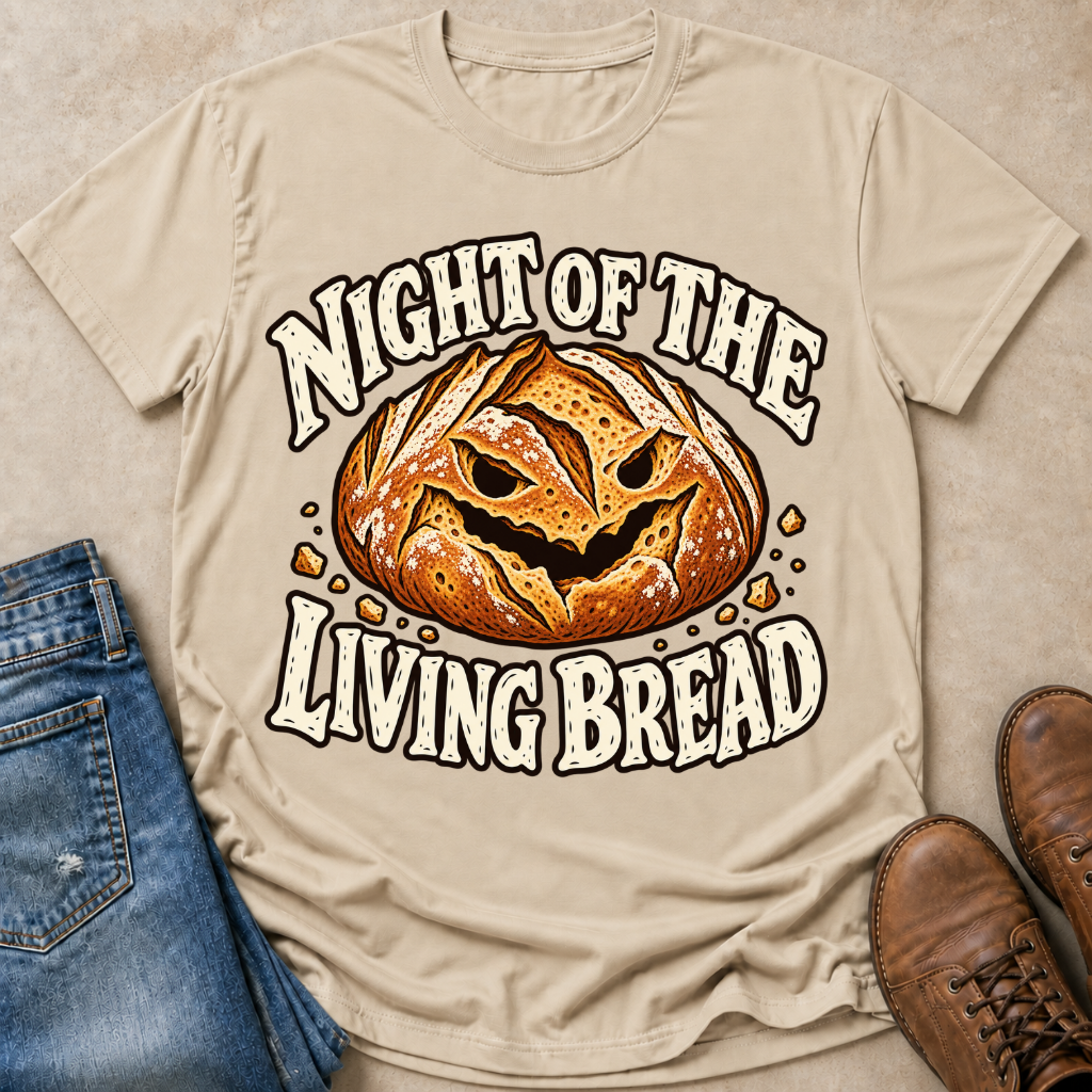 A beige graphic t-shirt featuring a jack-o'-lantern bread design with the text 'NIGHT OF THE LIVING BREAD' in a distressed white font. The shirt is styled in a flat-lay arrangement with blue jeans on the left and brown leather shoes on the right, set against a textured beige background.