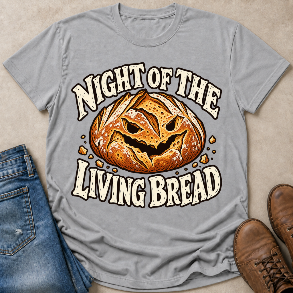 A light gray graphic t-shirt featuring a jack-o'-lantern bread design with the text 'NIGHT OF THE LIVING BREAD' in a distressed white font. The shirt is styled in a flat-lay arrangement with blue jeans on the left and brown leather shoes on the right, set against a neutral beige background.